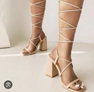 Nude Beige Lace Up Strappy Block Heel Sandals Square Toe Wrap Around Ankle
